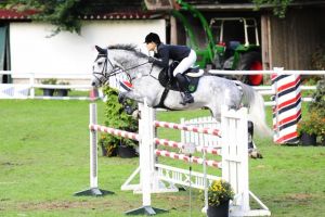 Blash RV (Cardento x Cash) jumping 1.35m classes with amazon Lisa Vabe.